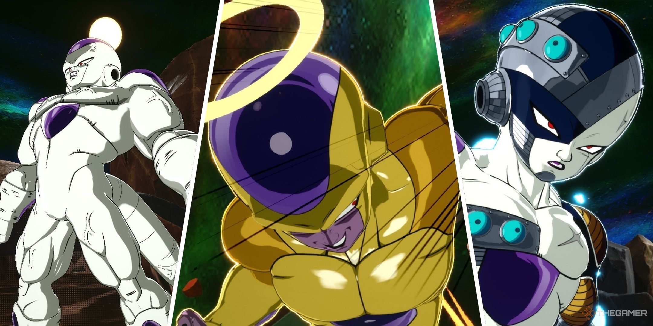 Dragon Ball Sparking Zero image showing Full Power Frieza, Golden Frieza and Mecha Frieza.