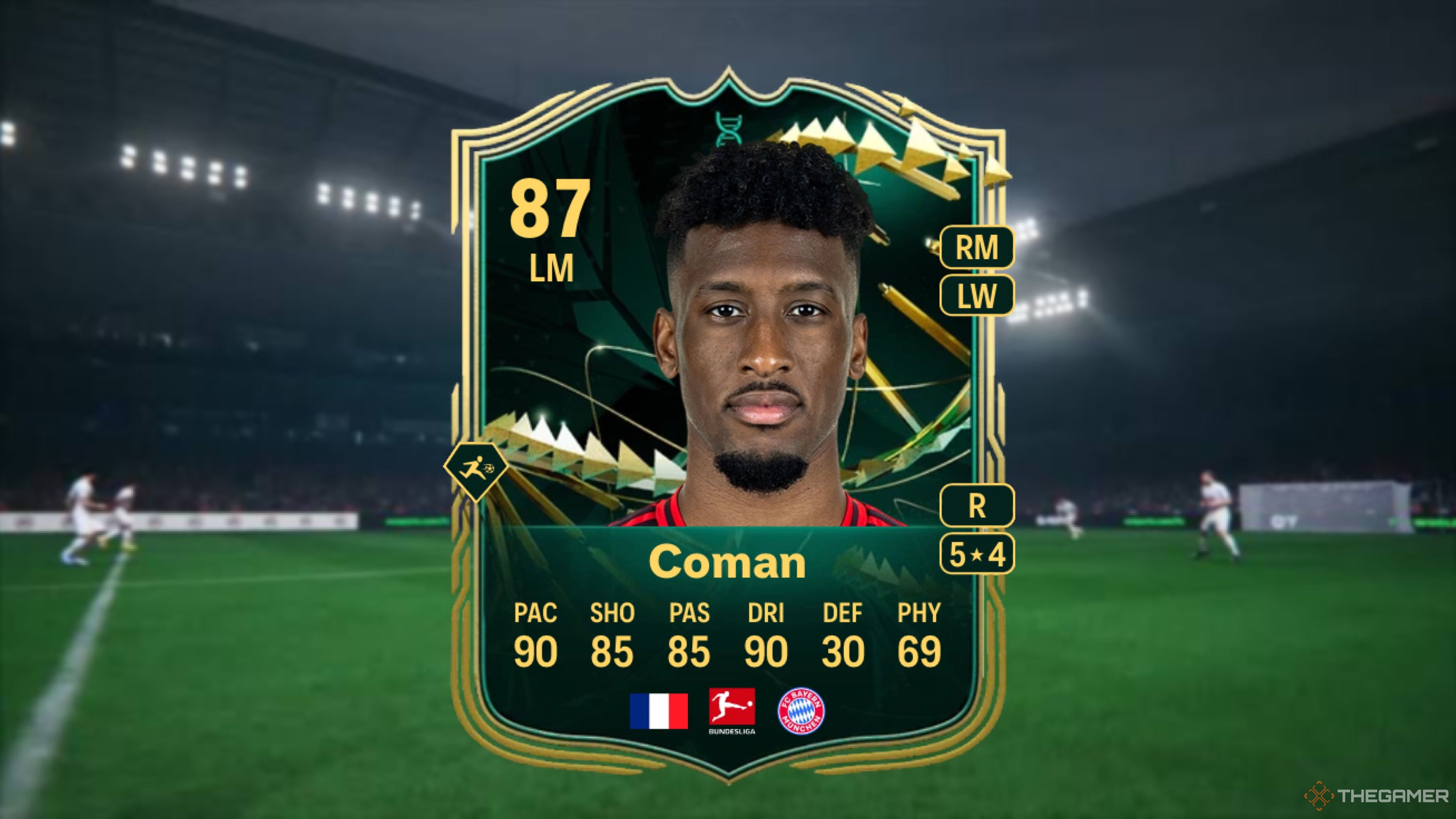 Image showing Coman card against a faded stadium background.