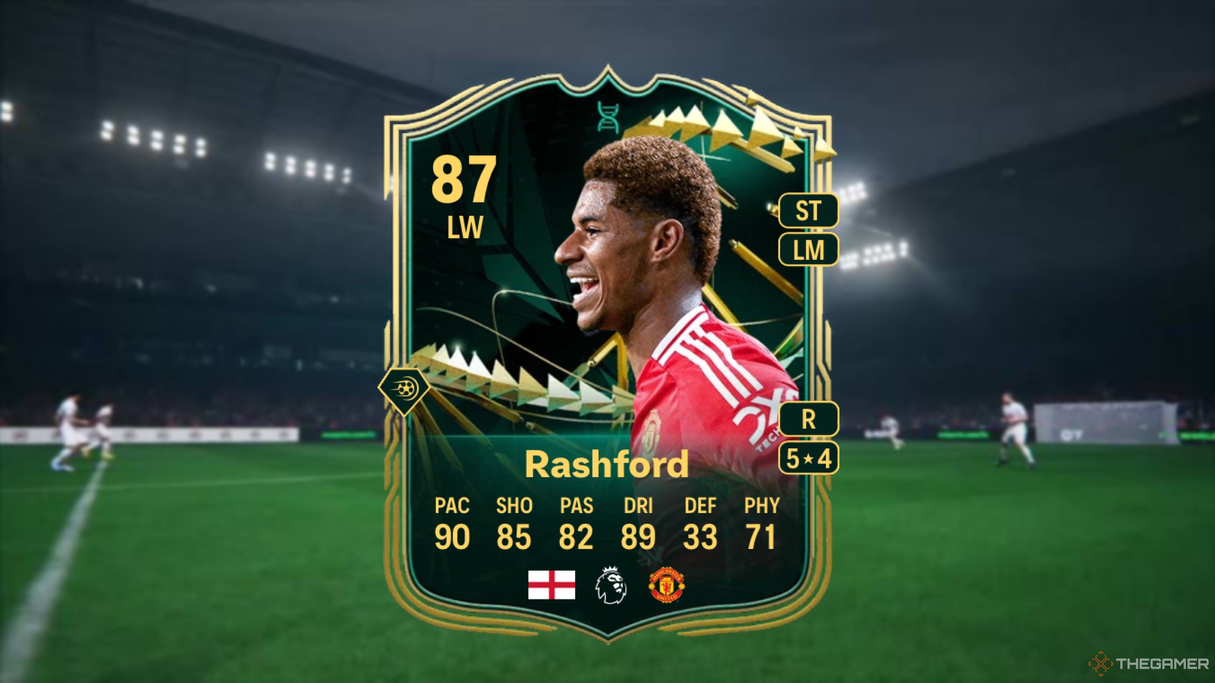 Image showing Rashford card against a faded stadium background.