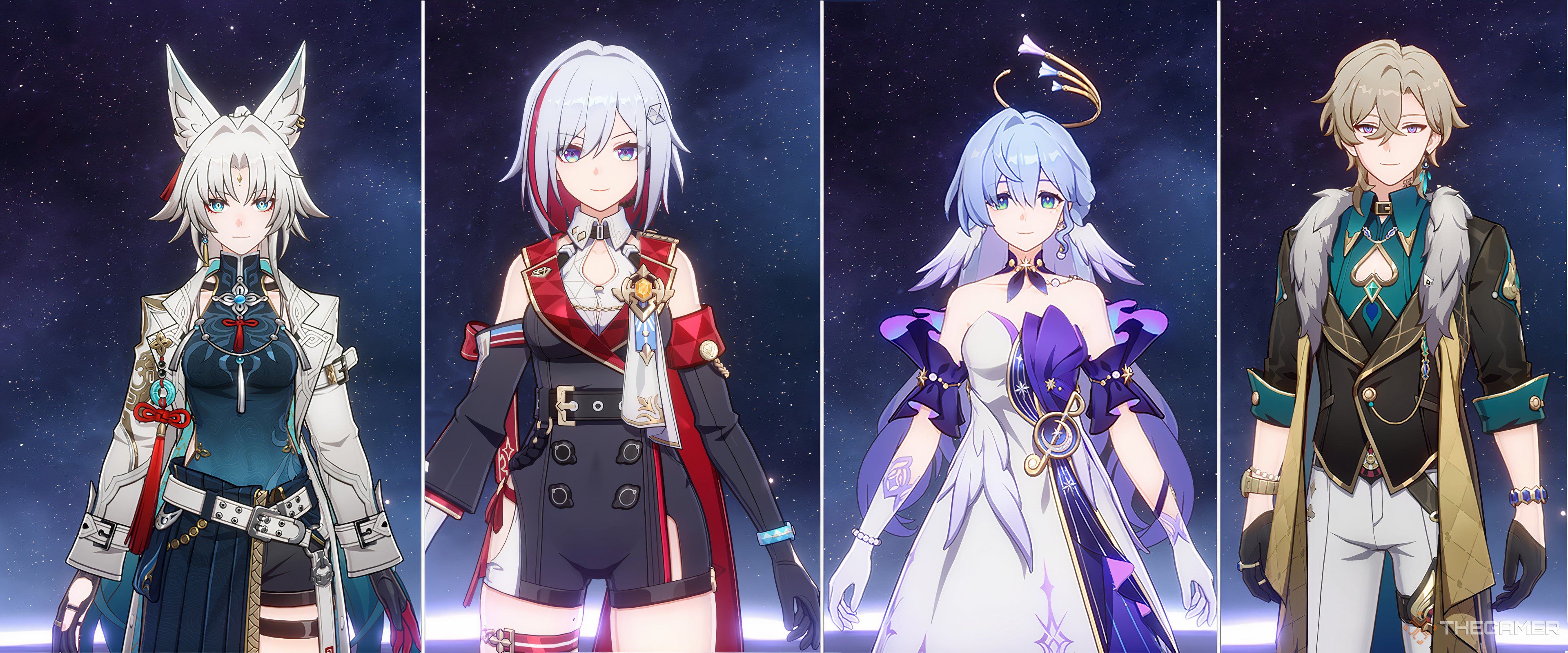 Feixiao, Topaz, Robin, and Aventurine lined up in Honkai: Star Rail.