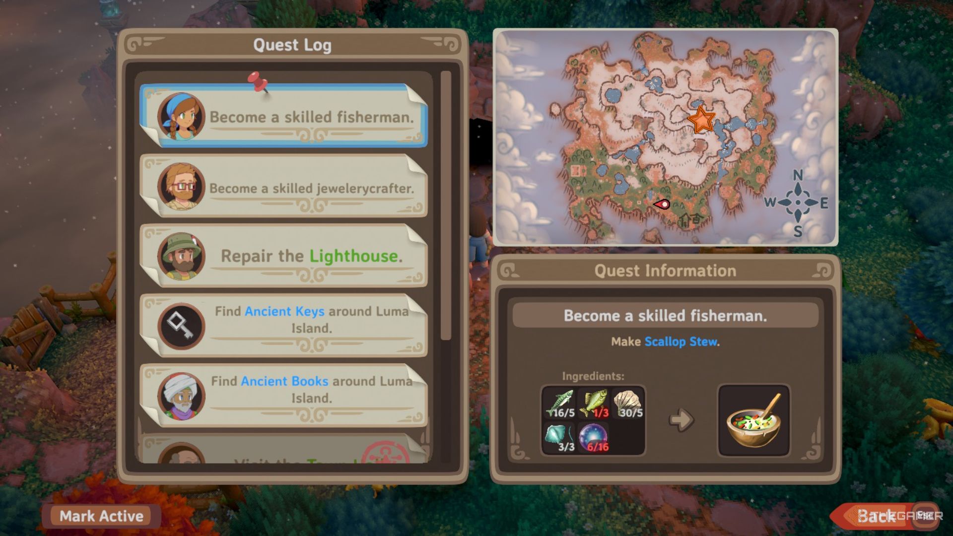 Menu with quests on the left and a map of the Mountain area with an orange star edited onto the Propeller's location in Luma Island. 