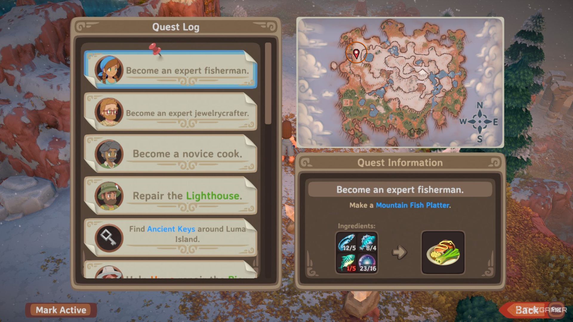 Menu view with quests on the left and a map on the right with an orange circle edited onto where the mountain path starts in Luma Island.