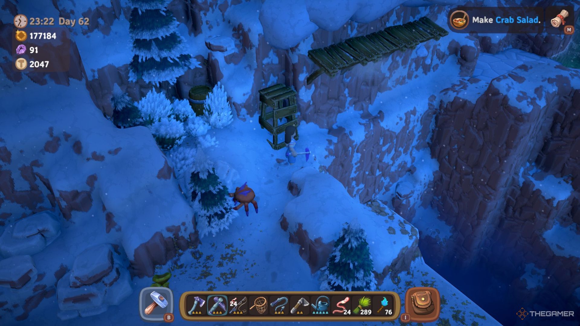 Player character standing next to fixed scaffolding covering a cliff side in Luma Island.