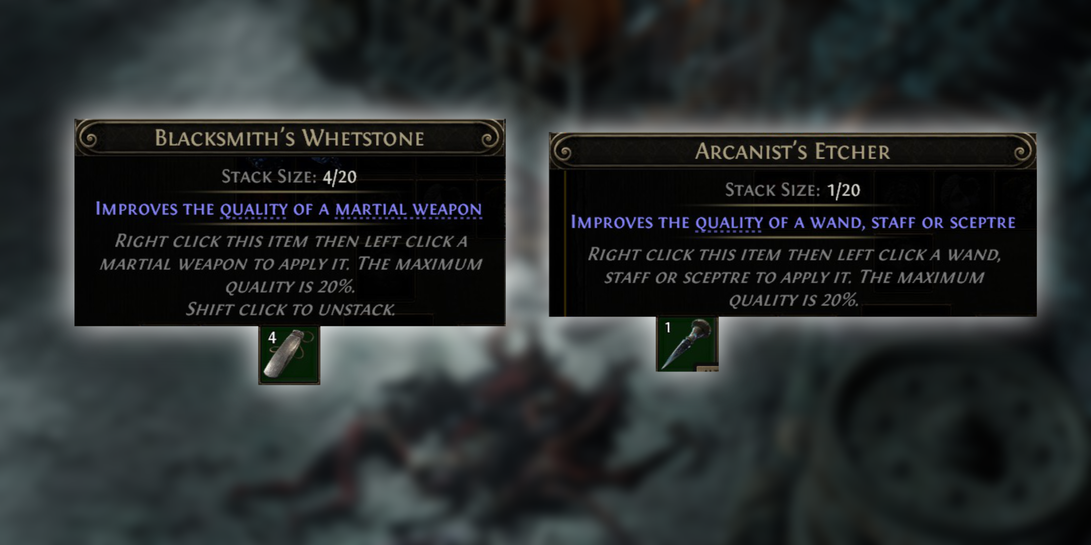 Path of Exile 2 Upgrade Quality Weapon Armor Currencies Blacksmith Whetstone Arcanist Etcher