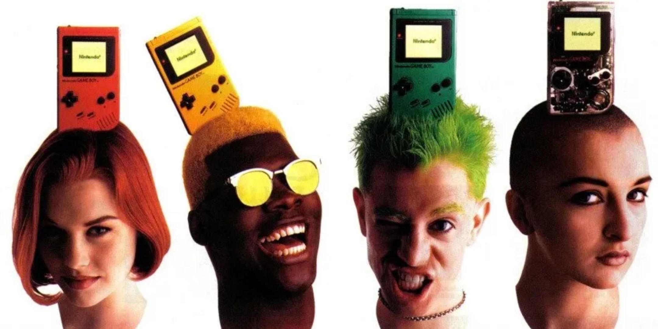 models with brightly-colored '90s hairstyles to match game boy play it loud console editions in a magazine ad from 1995.