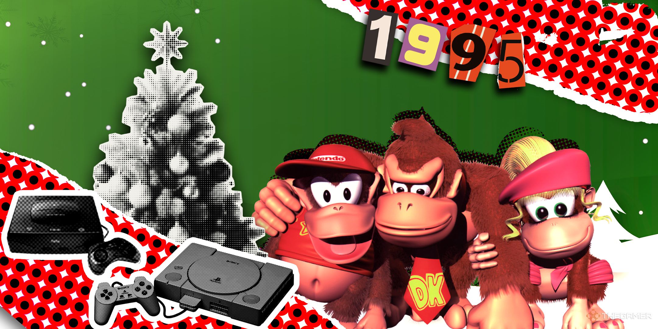 a christmas collage featuring gamer gifts from 1995: a PS1, a Sega Saturn, and the cast of Donkey Kong Country 2.