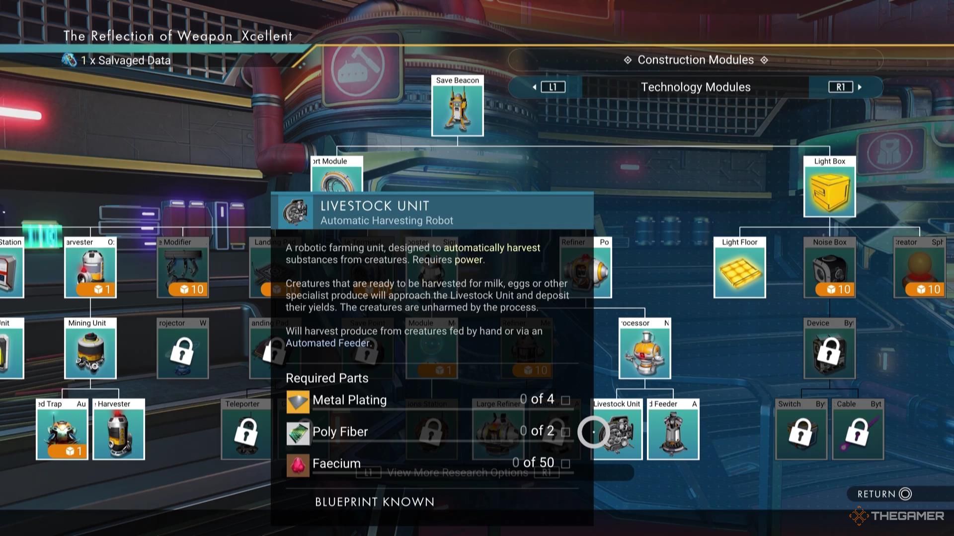 The page listing all of the Technology Module blueprints in No Man's Sky.