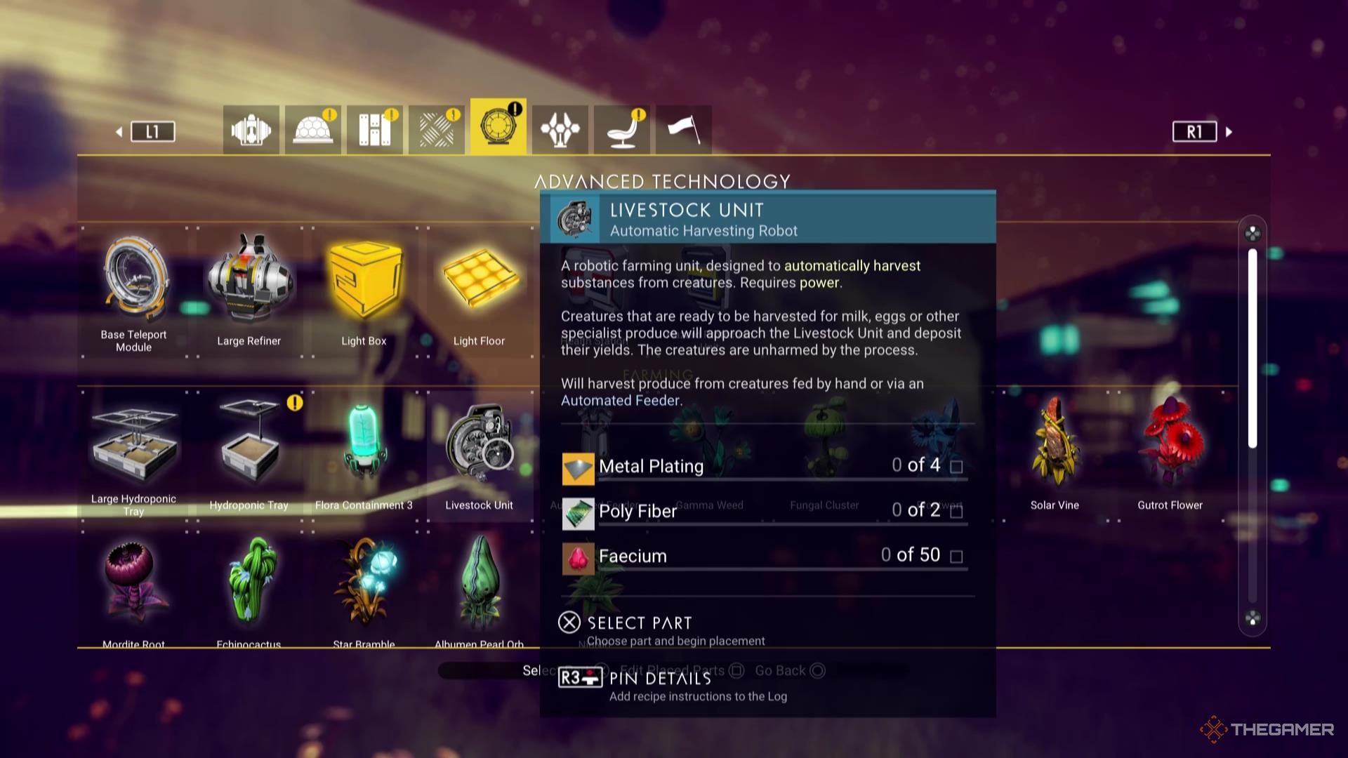 A Livestock Unit in the build menu of No Man's Sky.