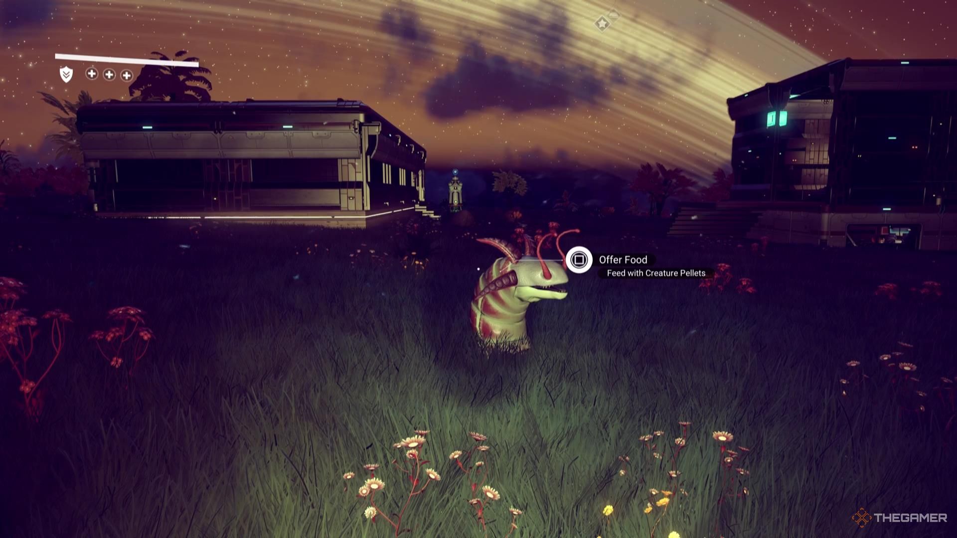 A creature hopping around, with stalks coming out of its eyeholes, seems content in front of the player in No Man's Sky.