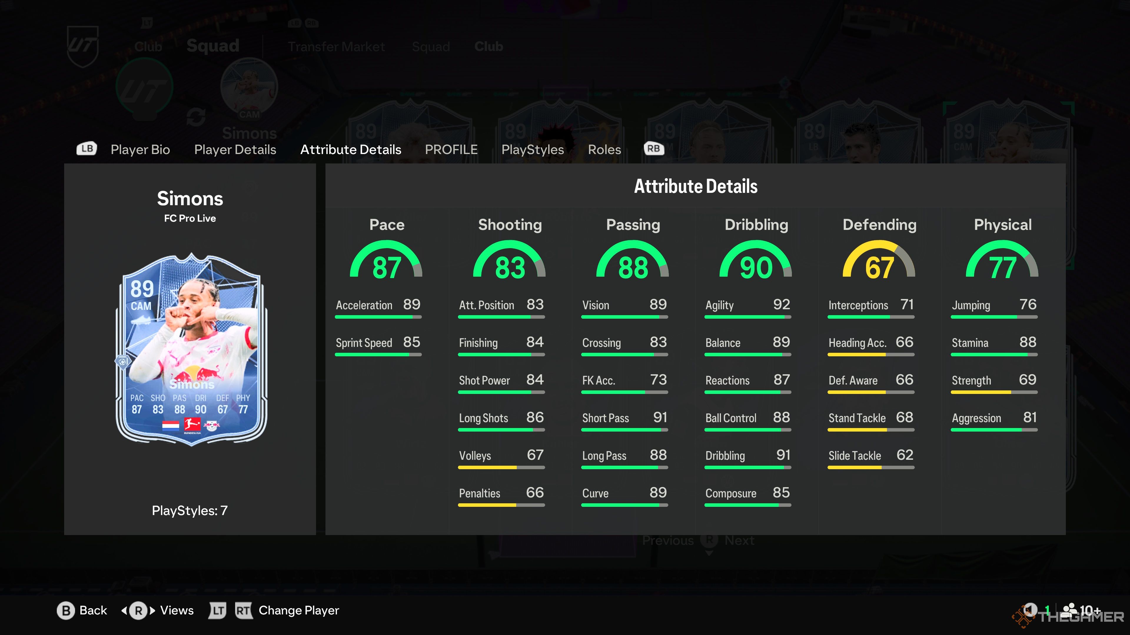 Xavi Simons' card attributes in EA Sports FC 25.