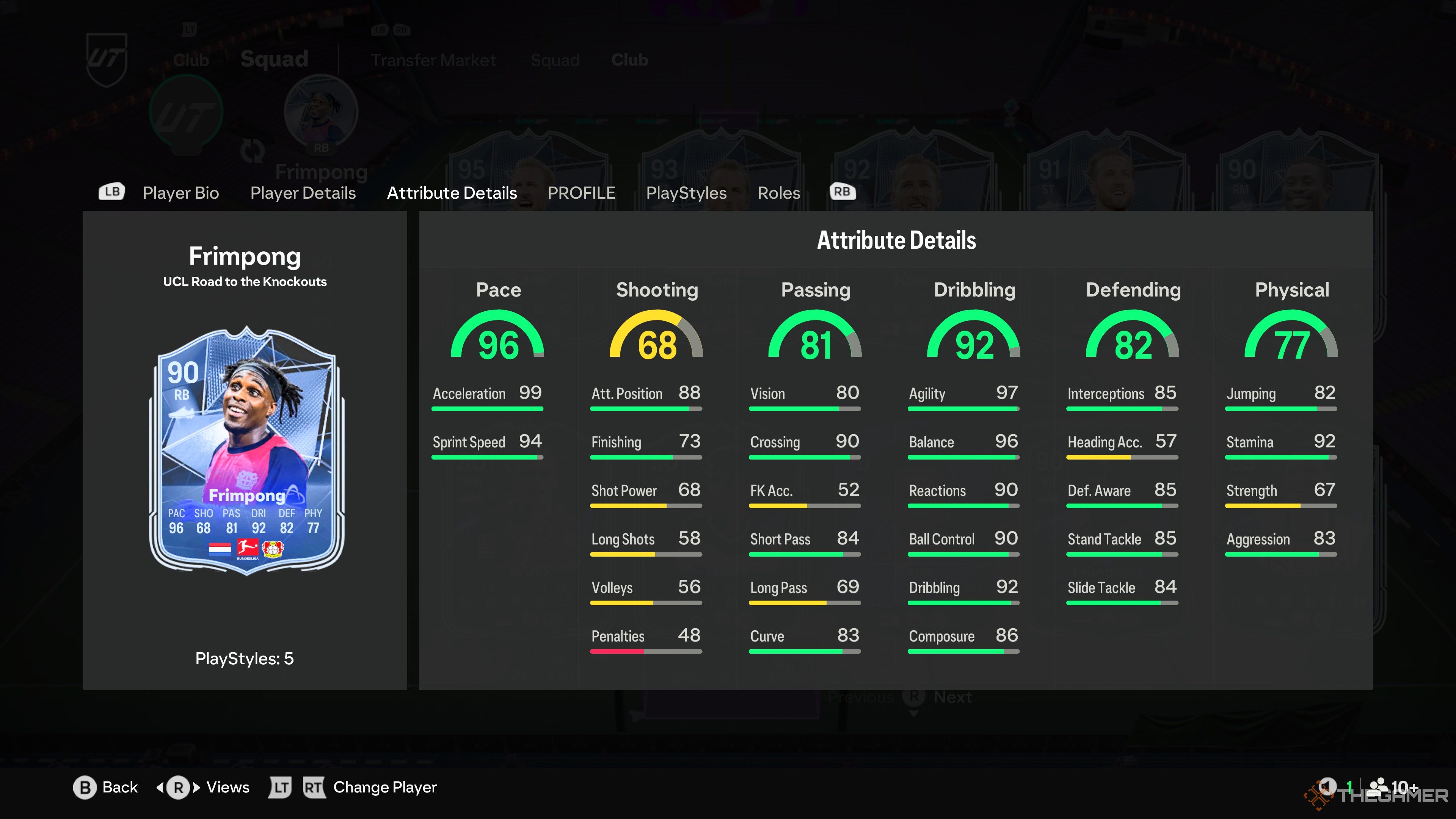 Jeremie Frimpong's card attributes in EA Sports FC 25.