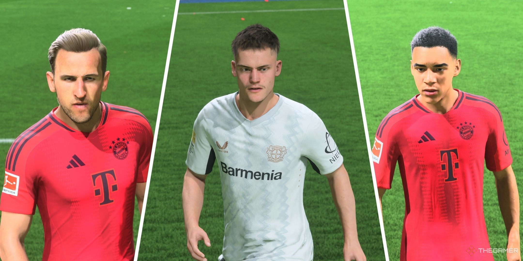 A split image of Harry Kane, Florian Wirtz, and Jamal Musiala in EA Sports FC 25.