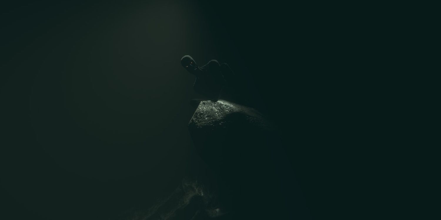 A creepy shadow man perched on a rock in a dark landscape.