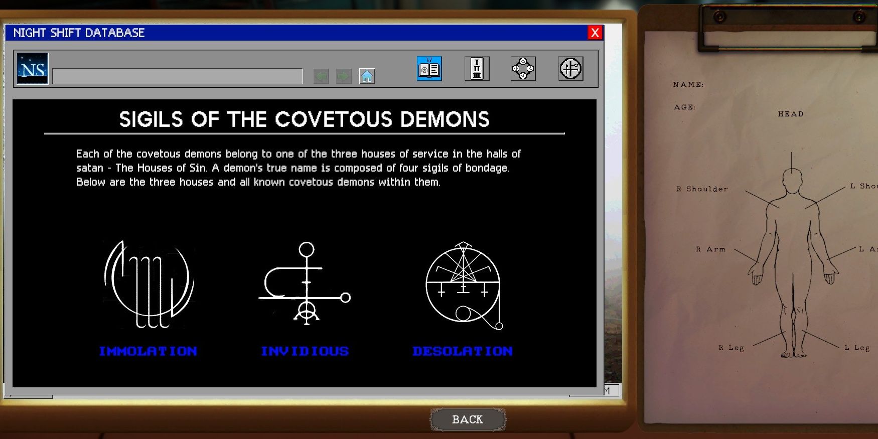 The sigil of the covetous demons screen in the Night Shift Database of The Mortuary Assistant.