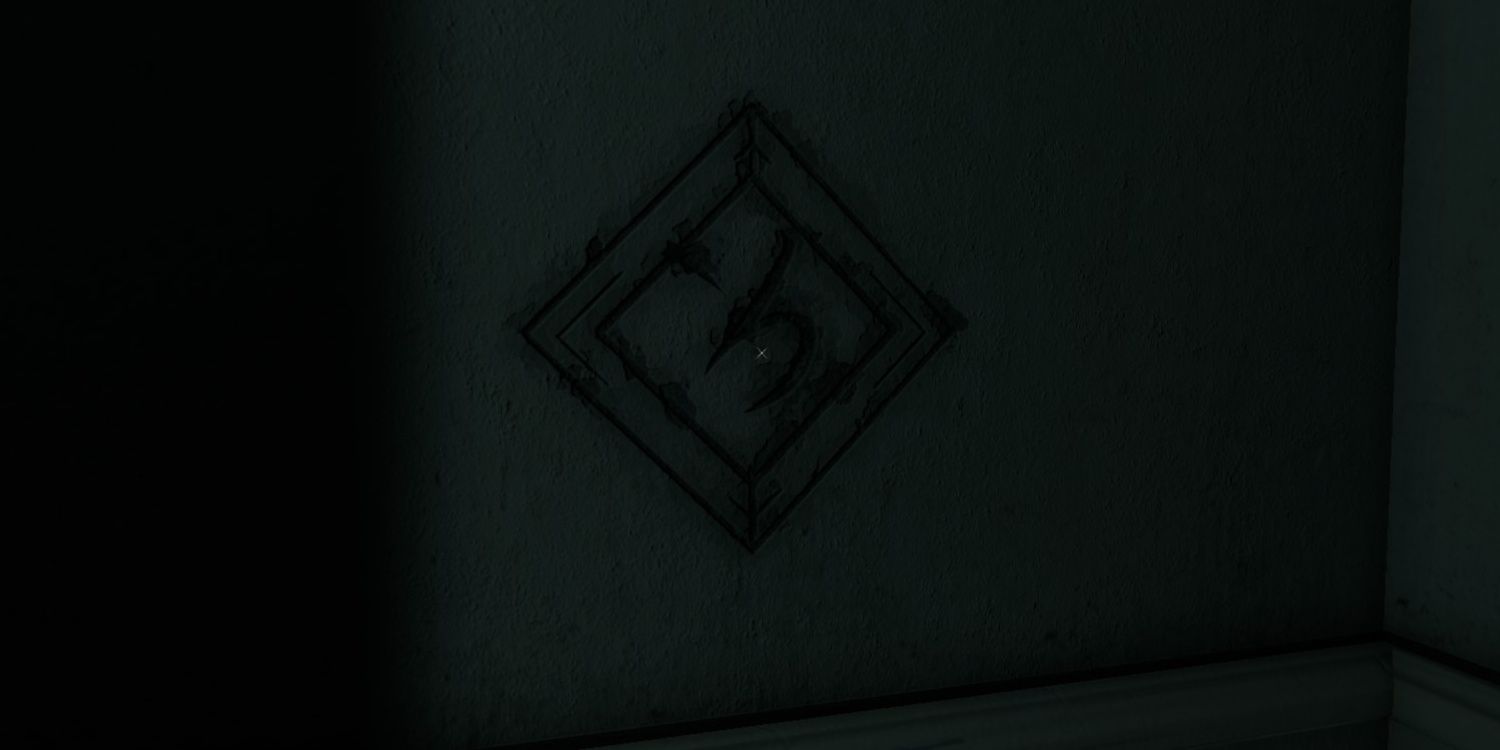 An eldritch symbol on the wall in The Mortuary Assistant.