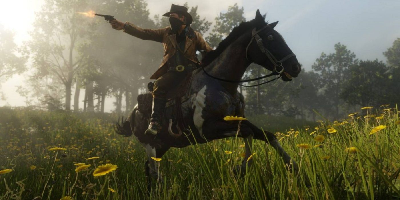 Arthur shooting enemies while riding a horse in Red Dead Redemption 2.