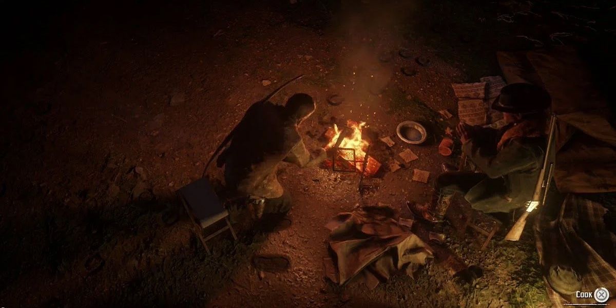 Arthur cooking at a campfire in Red Dead Redemption 2.