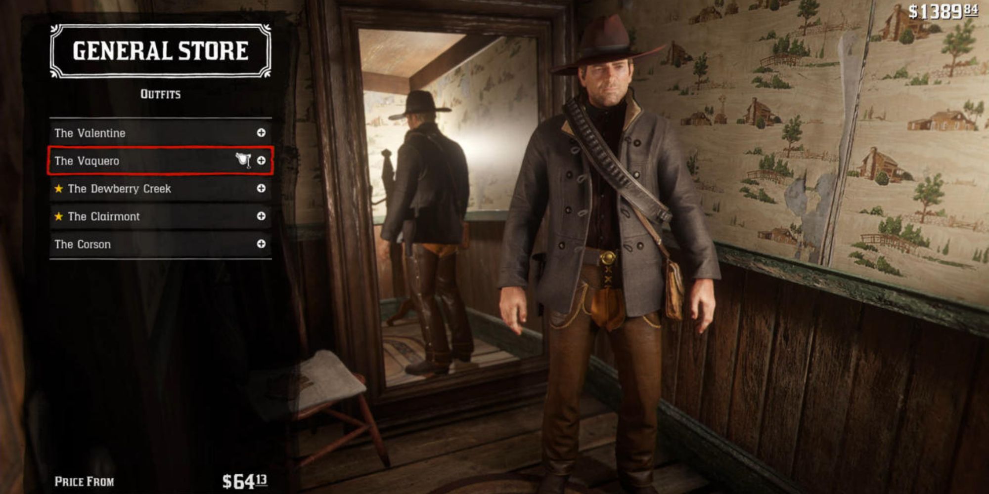 Arthur Morgan wearing an outfit from Red Dead Redemption 2 called The Vaquero, a brown outfit with a short, dark jacket.