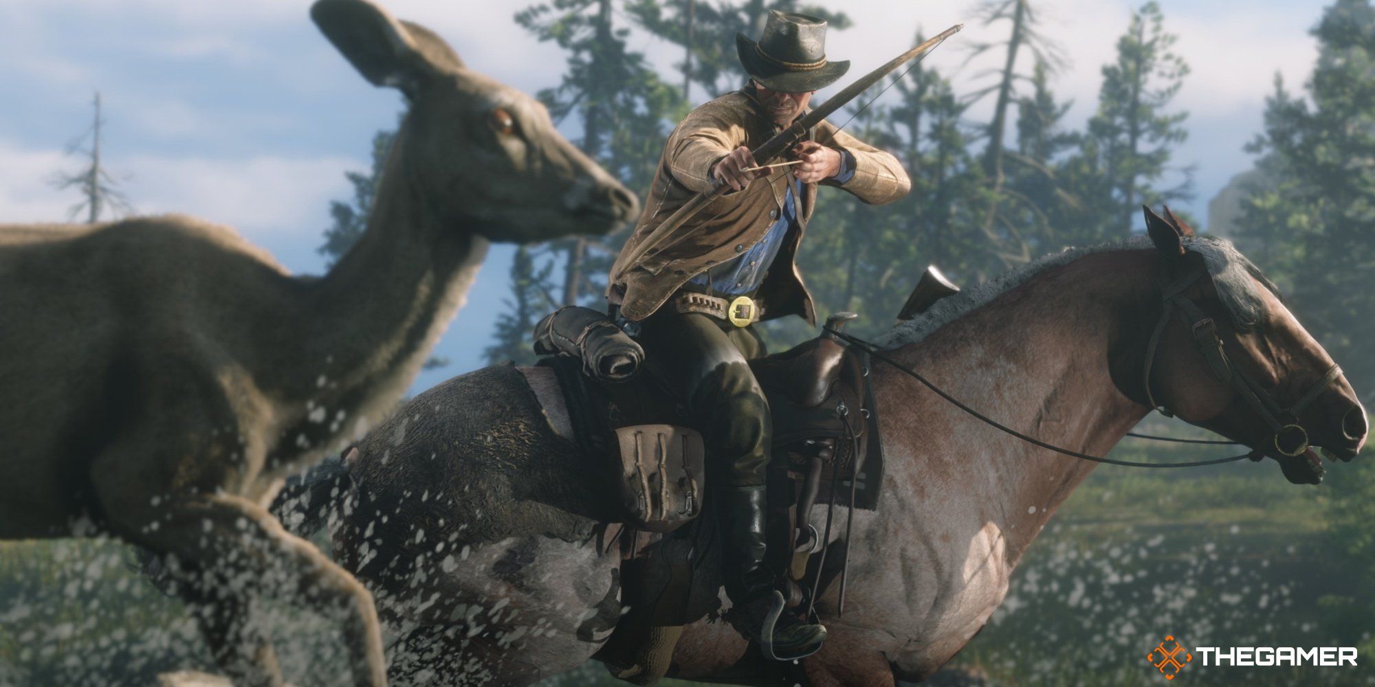 A screencap of Red Dead Redemption 2 depicting a hunting scene.