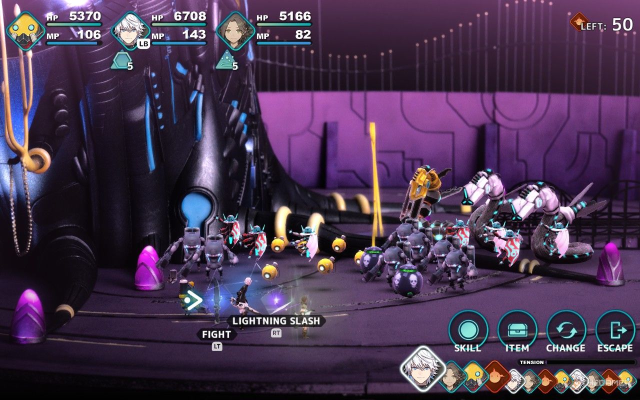 the party  in battle against 50 enemies at the secret base in fantasian neo dimension.