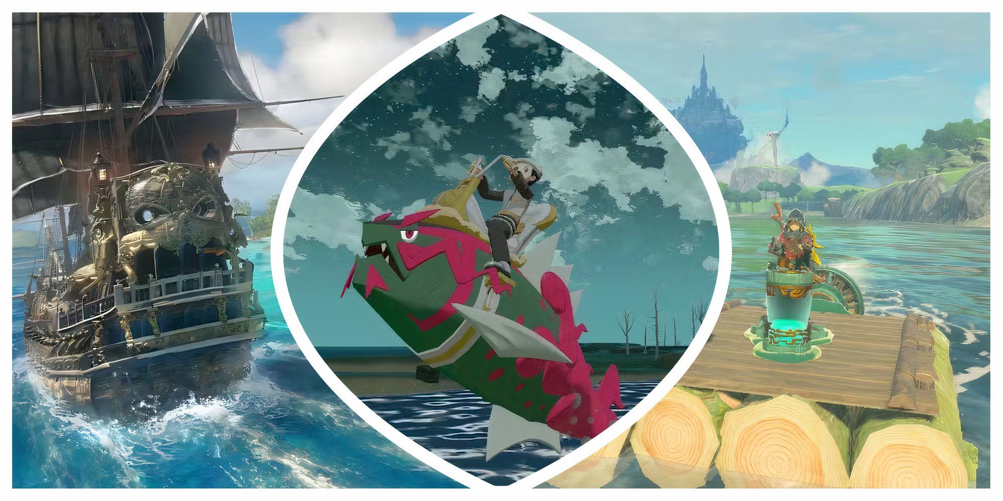 Skull and Bones, Breath of the Wild and Pokemon: Legends Arceus, characters traversing water.