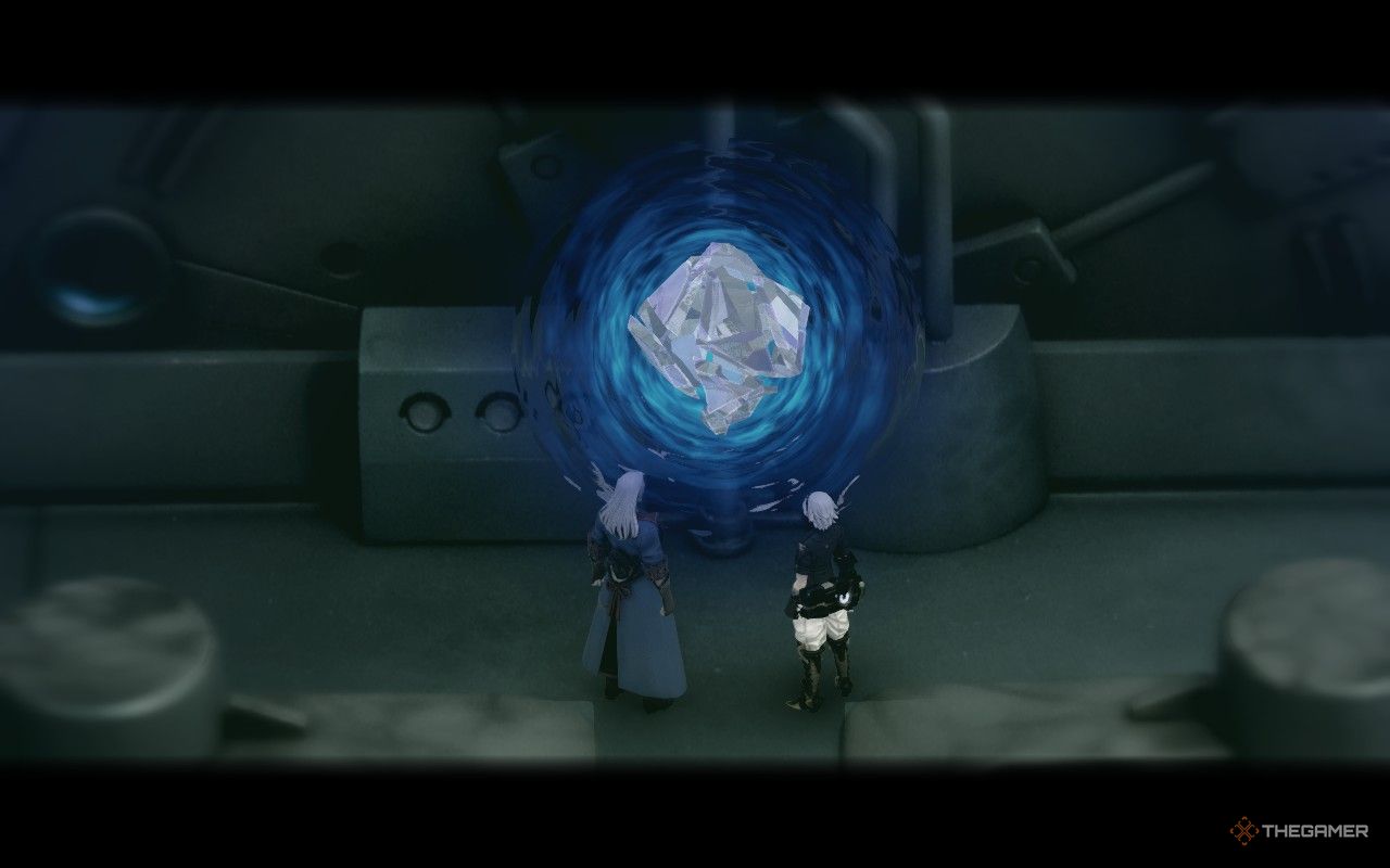 Leo and Zinikr beside a giant voice crystal in fantasian neo dimension.