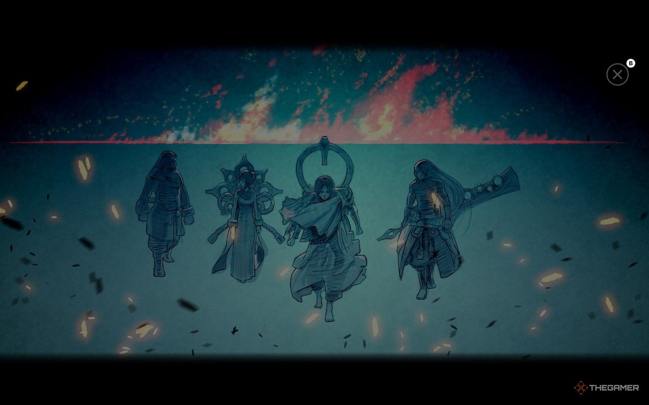 Vam, Taros, Jas, and Yim all walking from a fire in a storybook sequence in fantasian neo dimension.