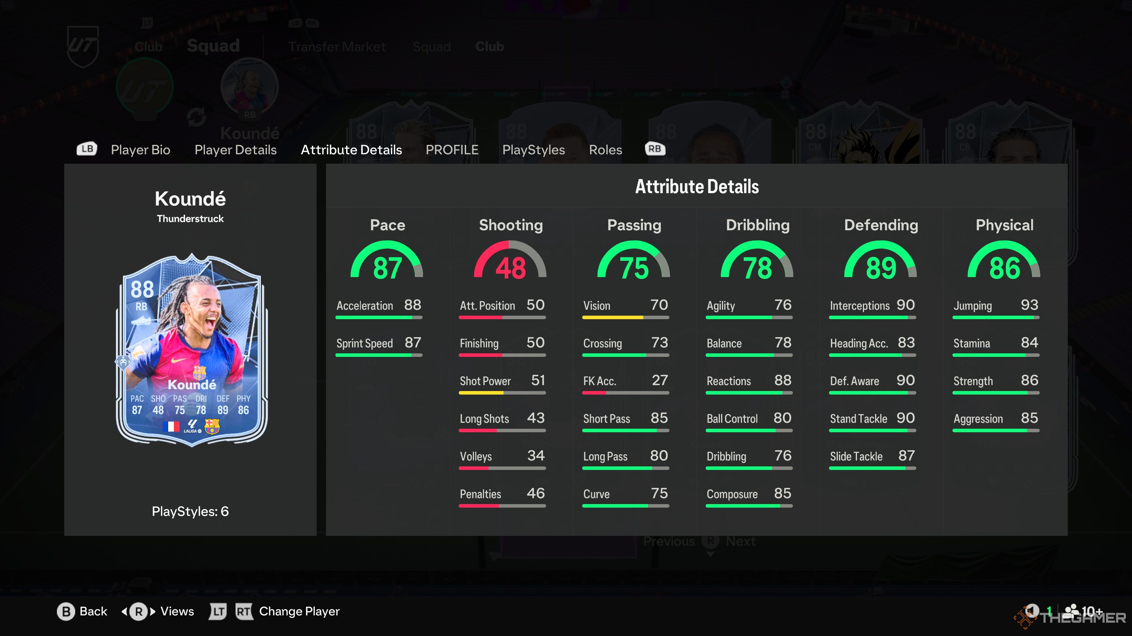 Jules Kounde's card attributes in EA Sports FC 25.