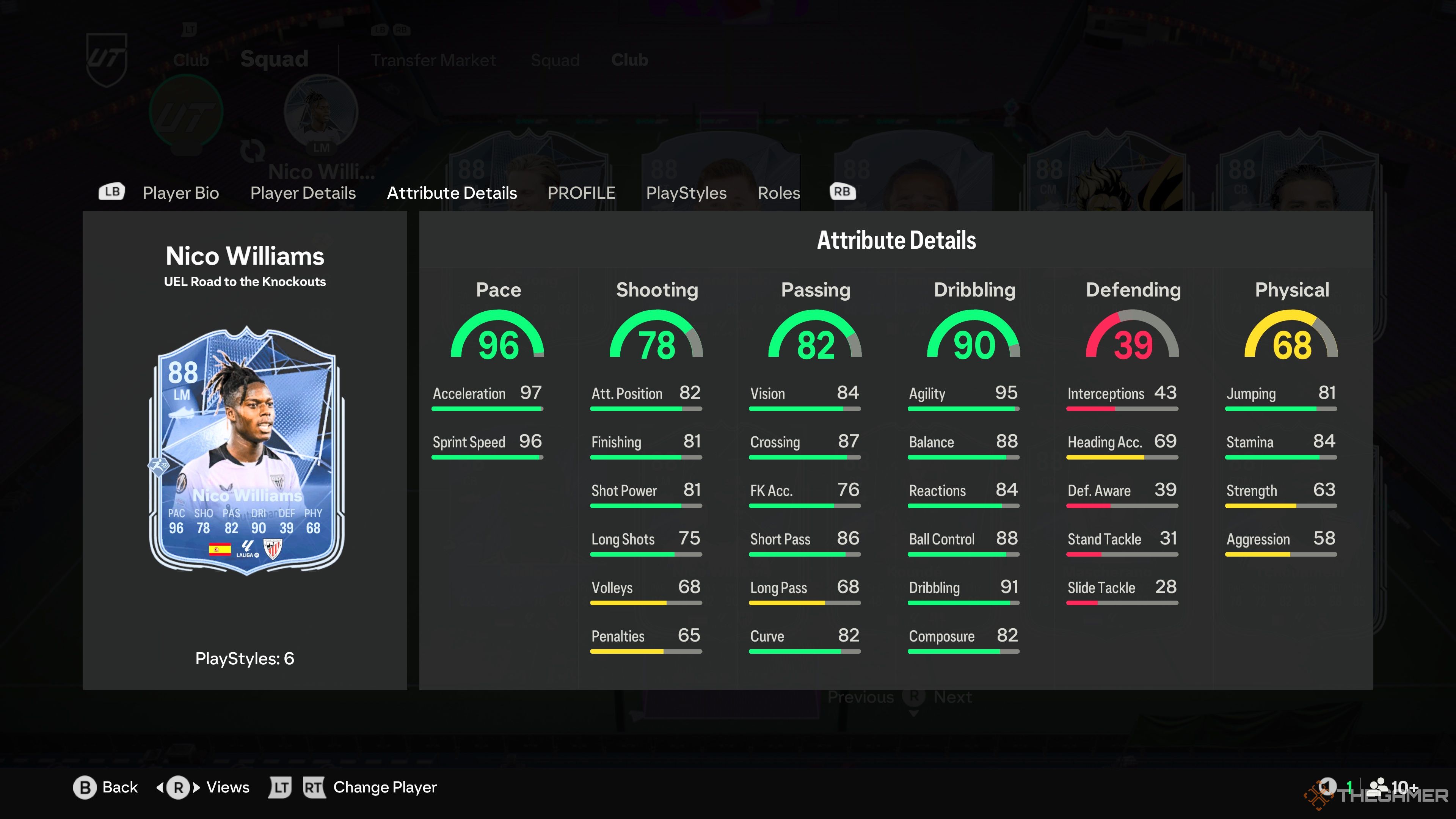 Nico Williams' card attributes in EA Sports FC 25.