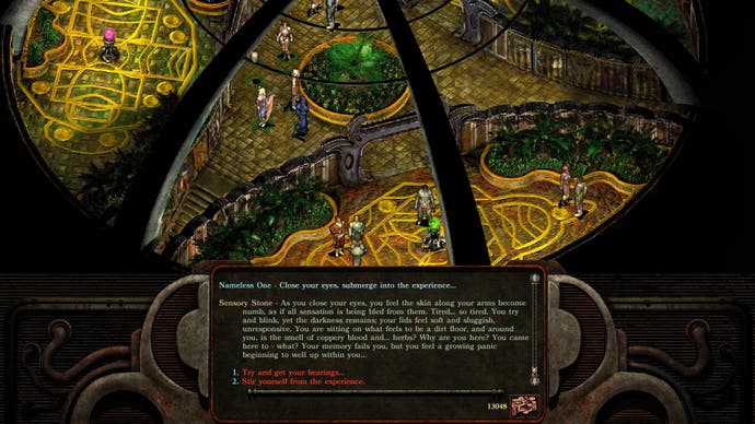 The party stands in a hall that houses several sensory stones. A long text describes the experience of interacting with one of these stones, in Planescape Torment: Enhanced Edition.