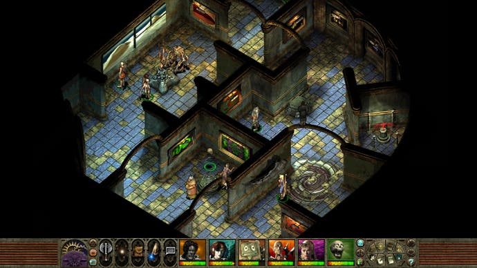 A top down view of a maze-like room, its walls adorned with several paintings, in Planescape Torment: Enhanced Edition.