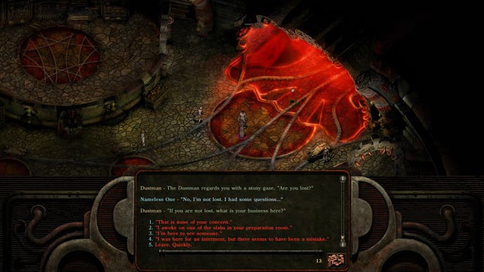 An isometric view of The Nameless One engaging in a conversation with a Dustman, who’s asking the player what’s he doing at the mortuary, in Planescape Torment: Enhanced Edition.