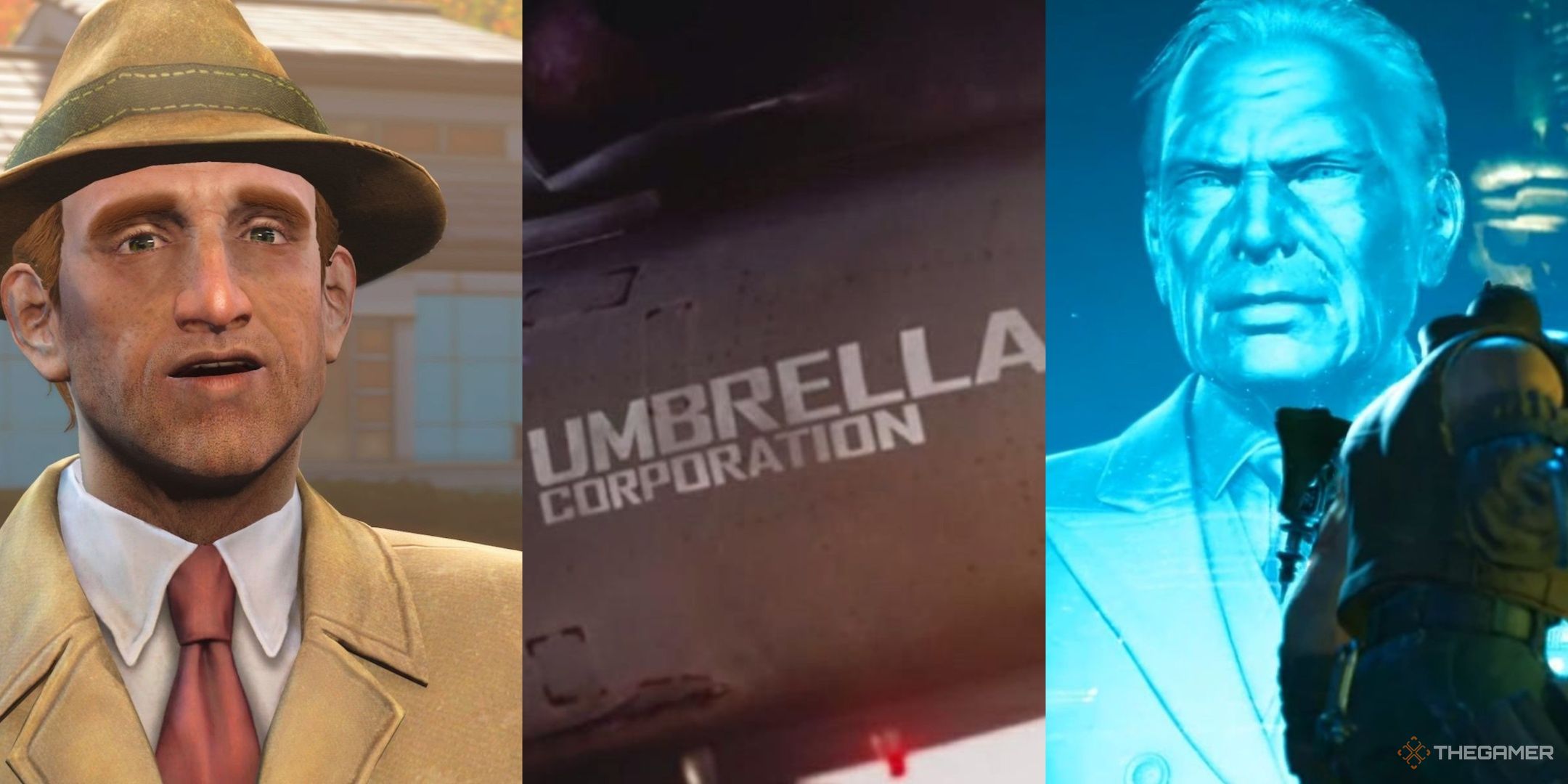 A Vault-Tec salesman in Fallout 4, a helicopter with the umbrella corporation logo in resident evil 7, and a hologram of president shinra in front of barret in final fantasy 7 remake.