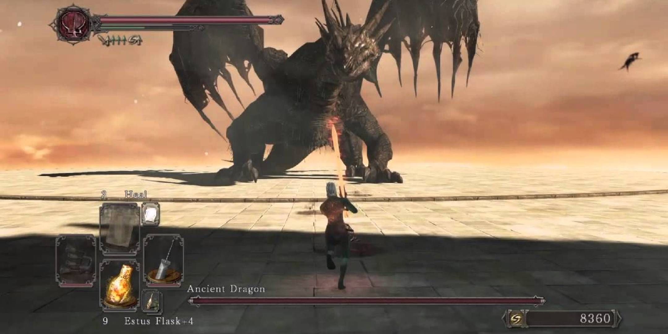 Fighting the Ancient Dragon in Dark Souls 2.