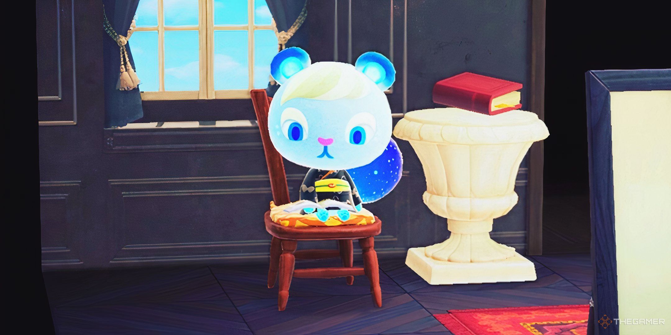 Animal Crossing New Horizons Ione sitting in a wodden chair reading a book.