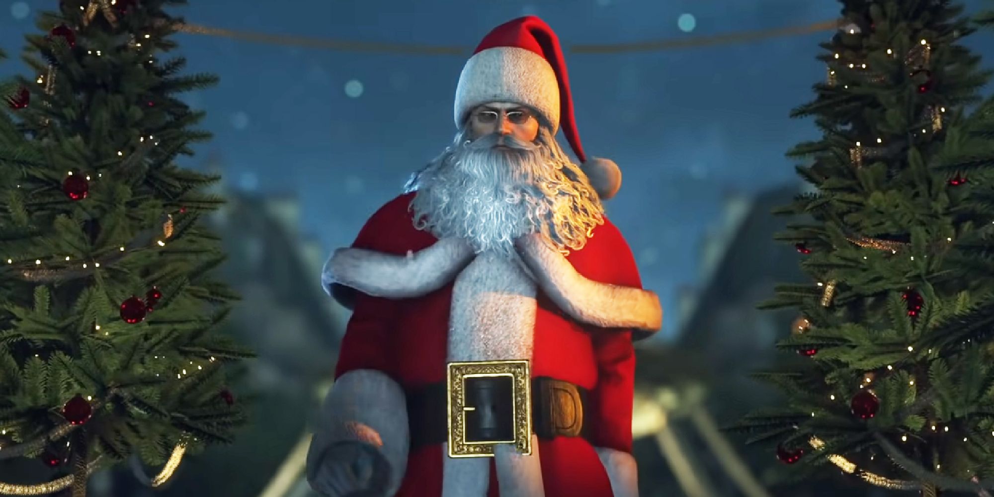 Agent 47 dressed as Santa in front of Christmas trees in Hitman 3