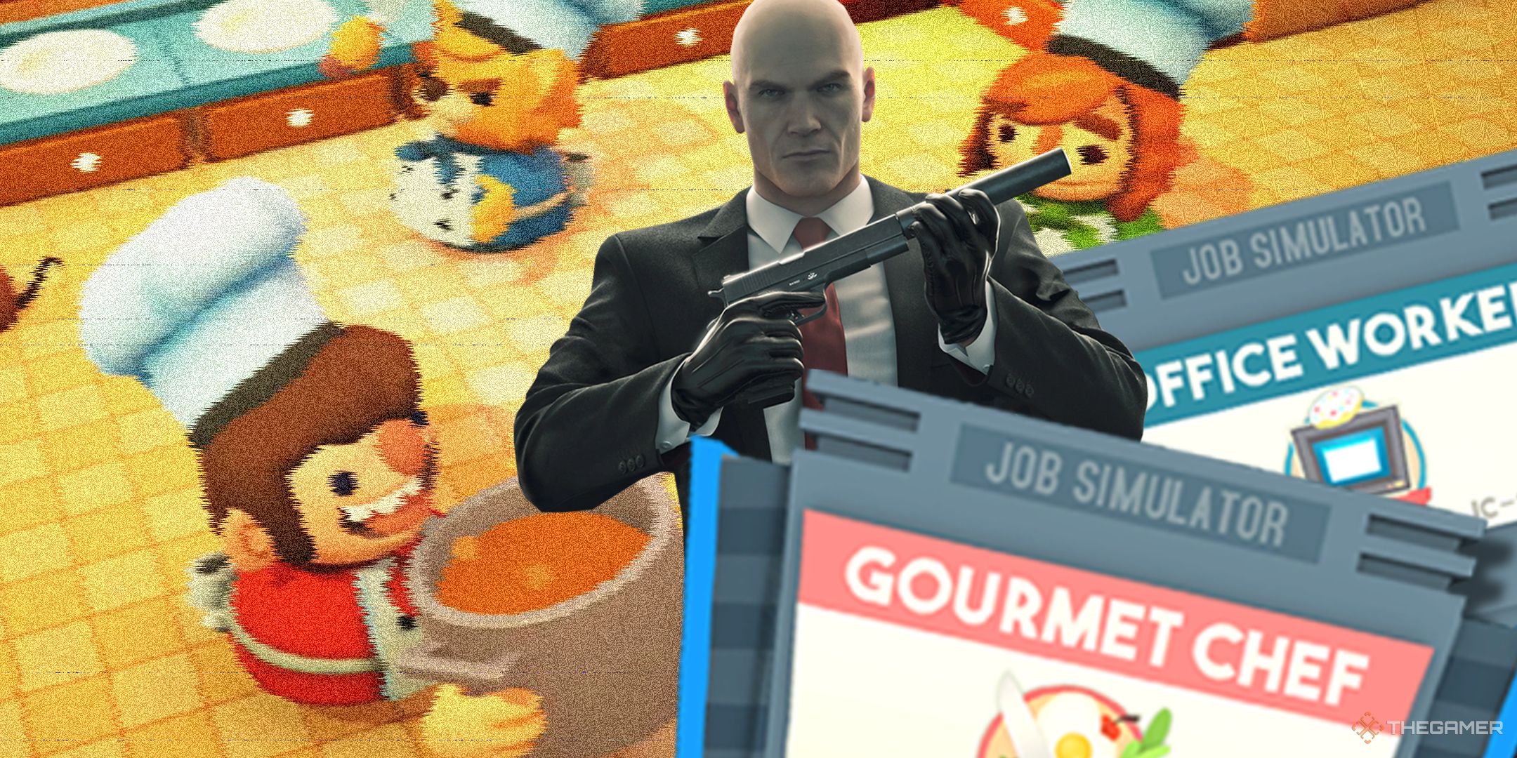 Chefs from Overcooked run around in the background next to Agent 47 from Hitman and the job options from Job Simulator.