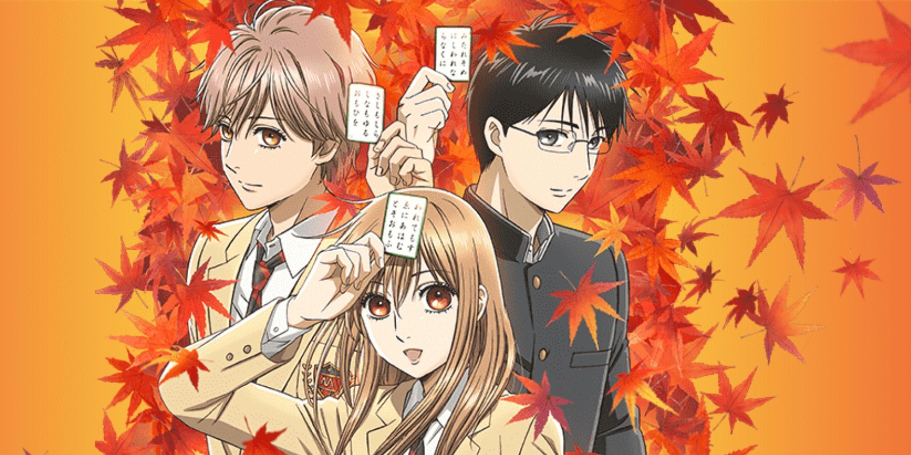 Chihaya, Taichi, and Arata from Chihayafuru holding karuta cards