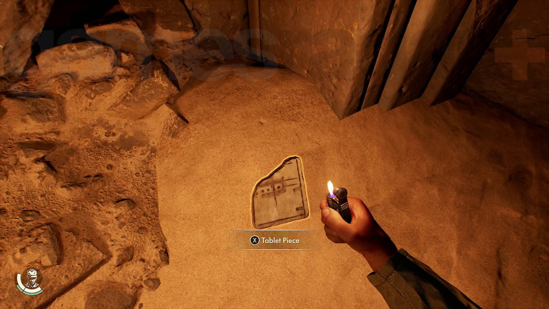 Indiana Jones and the Great Circle Chamber of Resonance tablet piece lying on the floor illuminated by Indy's lighter