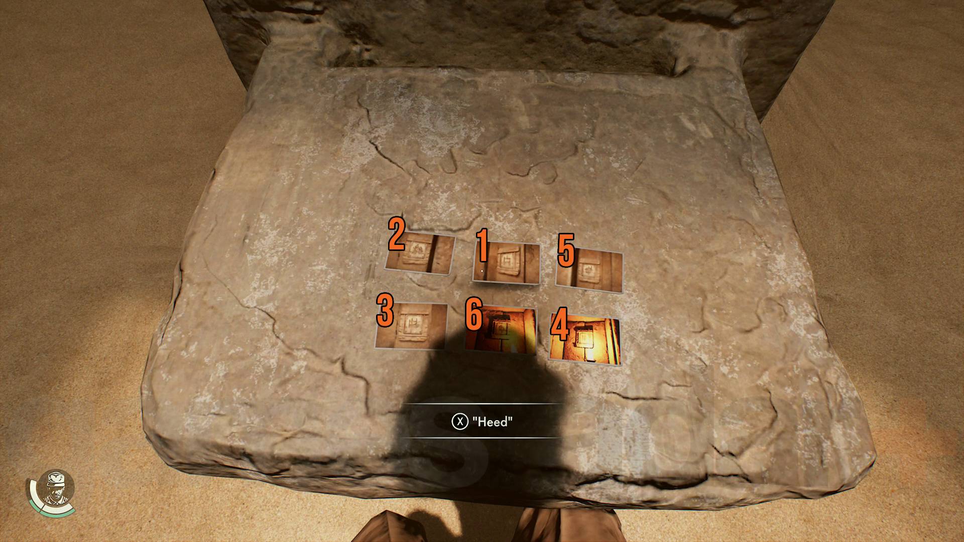 Indiana Jones and the Great Circle Chamber of Resonance six photos placed on a stone table showing the correct order to select them in