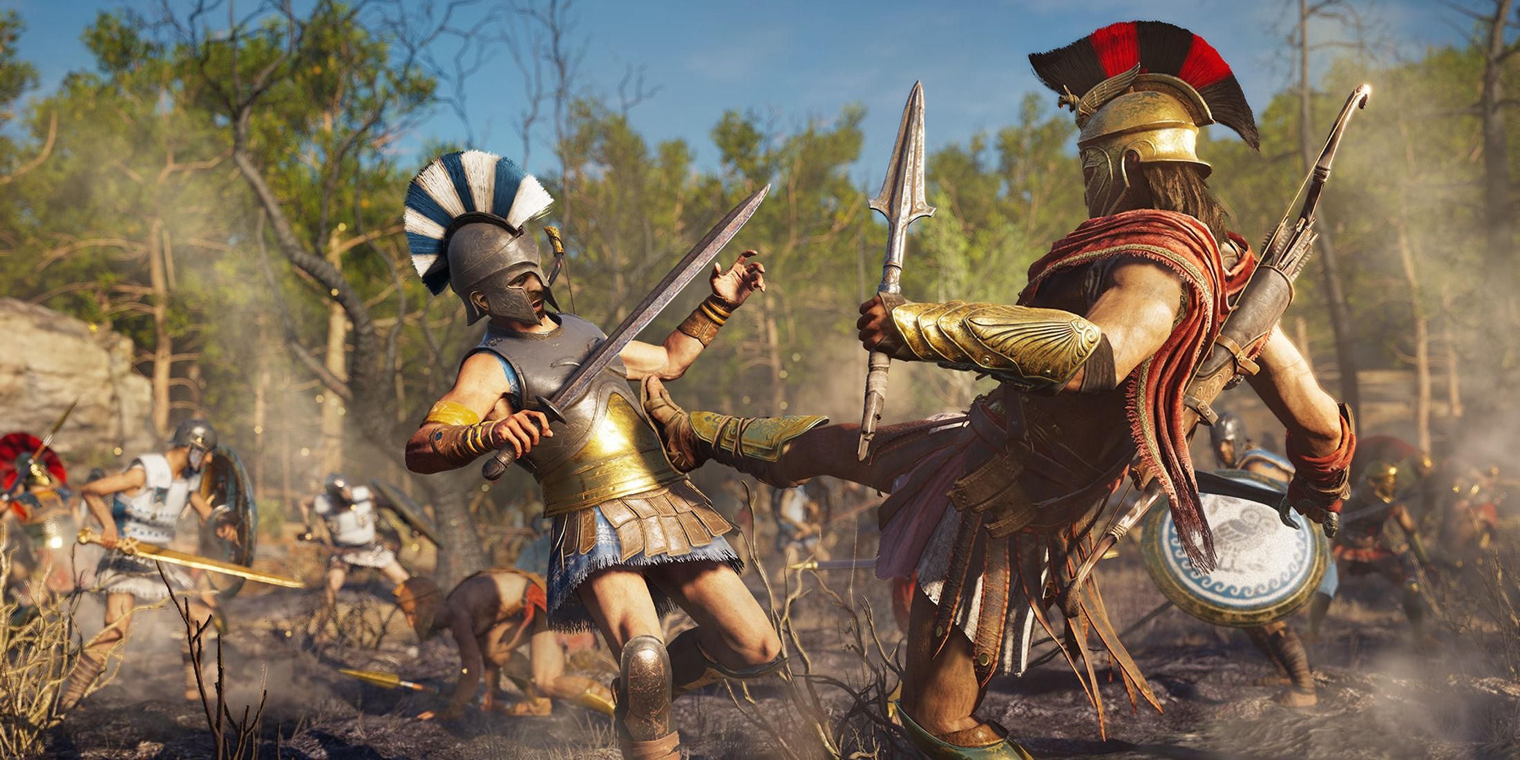 Alexios kicking a soldier in Assassin's Creed Odyssey