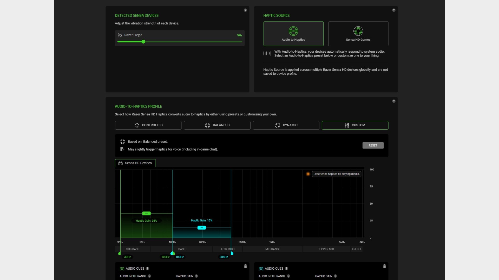 Razer Chroma software showing Freyja haptic customization options