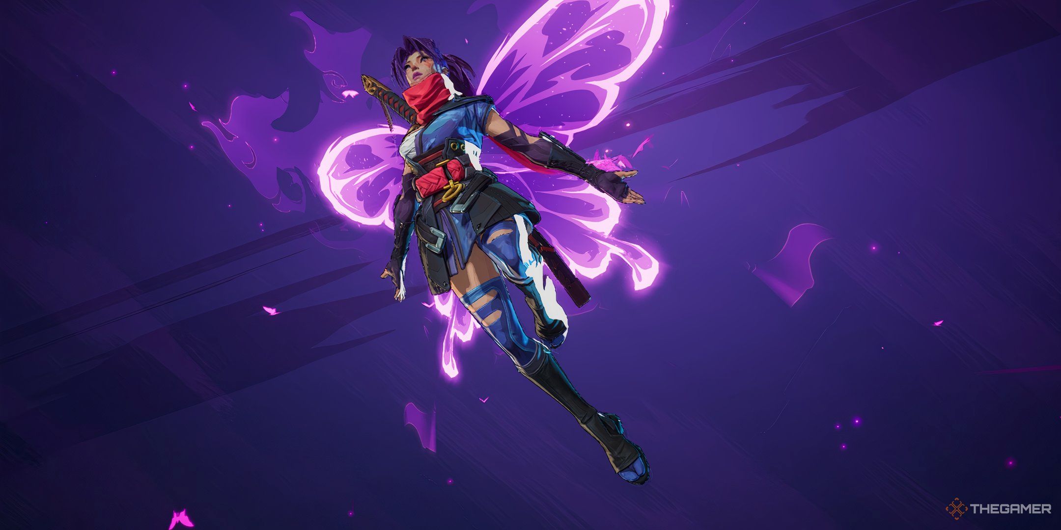 Psylocke entry display in Marvel Rivals, flying with glowing purple butterfly wings.