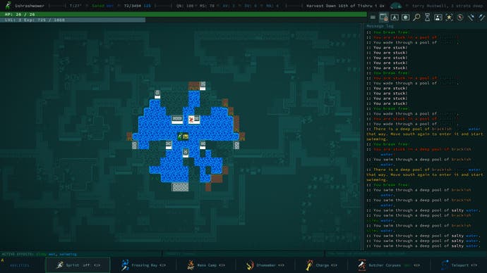 A lake in Caves of Qud with an irregular shape.