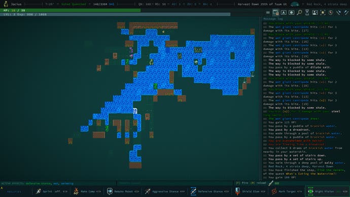 A lake in Caves of Qud, with various little rivers sprouting from it.