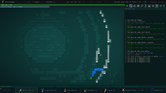 The player explores a curving wall in Caves of Qud.