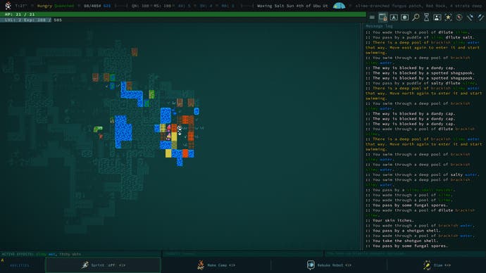 A collection of underground puddles on a map in Caves of Qud.