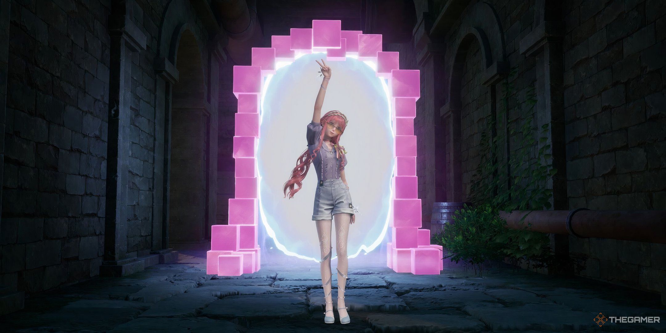 Nikki posing in front of the entrance to a Curio Domain in Infinity Nikki.