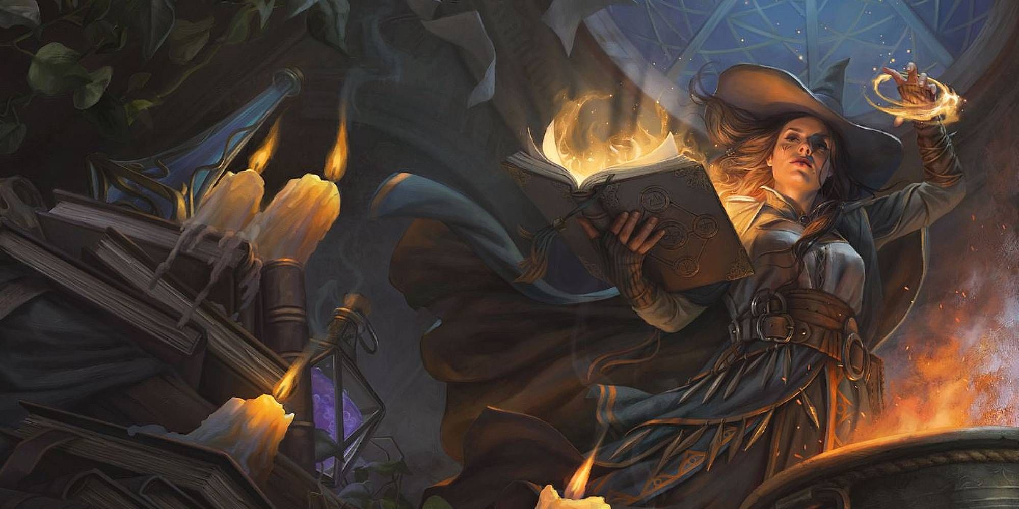 Dungeons & Dragons image showing how A witch stands with a book in hand and magic swirling in the other.