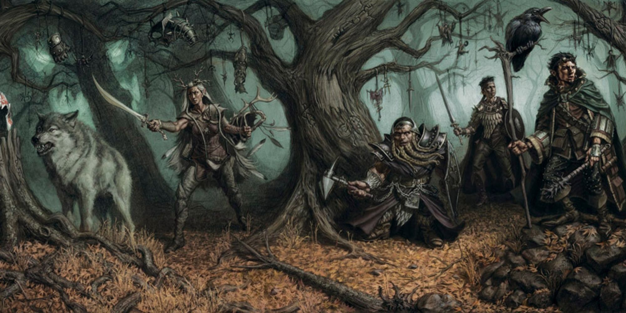 A party of adventurers in a wood terrified by something unseen from Dungeons & Dragons.